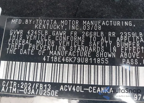 2009 Toyota Camry Le from USA, damaged, VIN 4T1BE46K79U811855